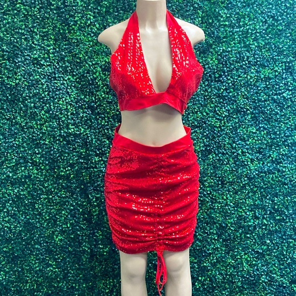 Red Sequin halter top and skirt set - Picture 1 of 3